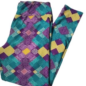 LuLaRoe - Tall & Curvy Teal w/Yellow & Purple Leggings + Sz XL